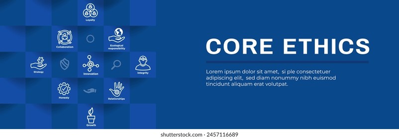 Core Ethics Web Header Banner w Dedication Integrity und Mission Core Values Icons