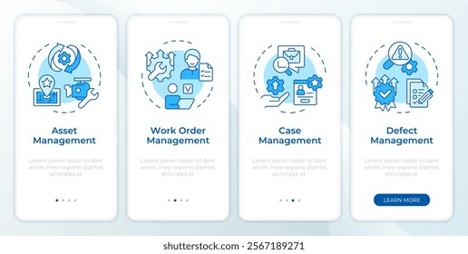 Core features of fsm systems blue onboarding mobile app screen. Walkthrough 5 steps editable instructions with linear concepts. UI, UX, GUI template