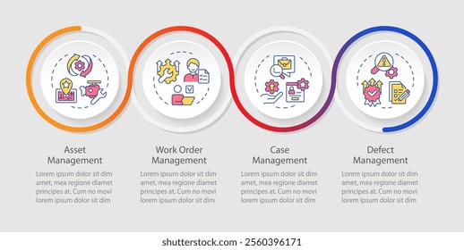 Core features of fsm systems infographics circles sequence. Field service management. Visualization layout with 5 steps. Info chart loop process presentation