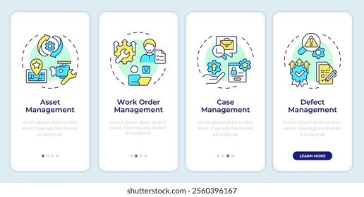 Core features of fsm systems onboarding mobile app screen. Walkthrough 5 steps editable graphic instructions with linear concepts. UI, UX, GUI template