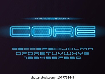 Core glowing vector neon futuristic font, typeface, alphabet, letters and numbers. Global swatches.