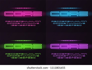 Core glowing vector neon futuristic font, typeface, alphabet, letters and numbers. Global swatches.