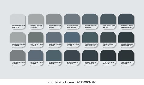 Paleta de cores cinza do Core Payne. Gráfico de Amostra de Tons Cinza Escuro com Códigos HEX e Nomes de Cor. Variantes cinzentas macias e fumegantes Infundiram a Paleta de Tom de Tons Cinza de Payne, Escuro e Atmosférico. Cores Cinza
