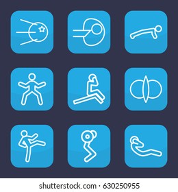 Core icon. set of 9 outline core icons such as abdoninal workout, atom fusion, core