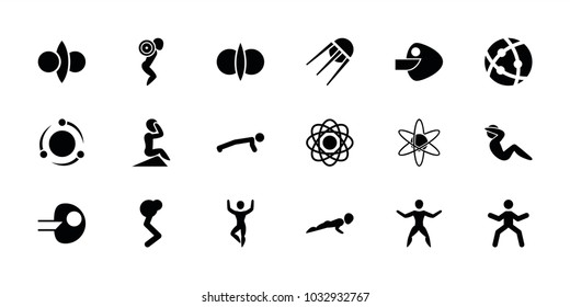 Core icons. set of 18 editable filled core icons: atom, man doing exercises, atom fusion, core