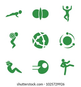 Core icons. set of 9 editable filled core icons such as man doing exercises, atom fusion, core, atom