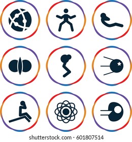 core icons set. Set of 9 core filled icons such as abdoninal workout, atom, atom fusion, core