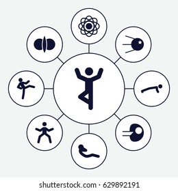 Core icons set. set of 9 core filled icons such as abdoninal workout, atom fusion, core, atom