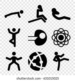 Core icons set. set of 9 core filled icons such as abdoninal workout, atom, core
