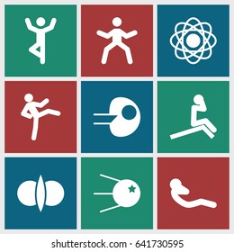 Core icons set. set of 9 core filled icons such as abdoninal workout, atom fusion, core, atom