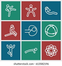 Core icons set. set of 9 core outline icons such as abdoninal workout, atom, core