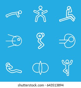 Core icons set. set of 9 core outline icons such as abdoninal workout, atom fusion, core