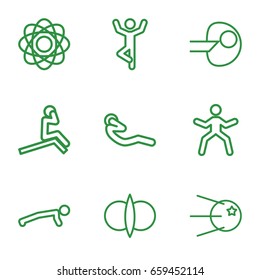 Core icons set. set of 9 core outline icons such as abdoninal workout, atom, atom fusion, core