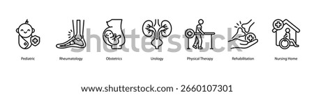 Core Medical web banner icon vector illustration featuring Pediatric, Rheumatology, Obstetrics, Urology, Physical Therapy, Rehabilitation, and Nursing Home.