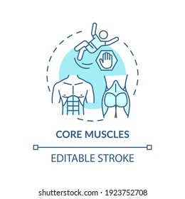 Core muscles concept icon. Physical training type idea thin line illustration. Better balance and stability. Tightening abdominal muscles. Vector isolated outline RGB color drawing. Editable stroke