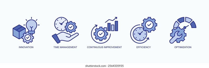 Core Principles Of Productivity And Growth Icon Set Vector Illustration Concept With Icon Of Innovation, Time Management, Continuous Improvement, Efficiency, Optimization In Blue Style