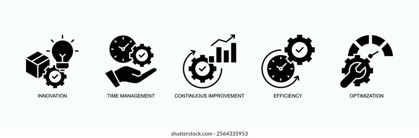 Core Principles Of Productivity And Growth Icon Set Vector Illustration Concept With Icon Of Innovation, Time Management, Continuous Improvement, Efficiency, Optimization In Glyph Style