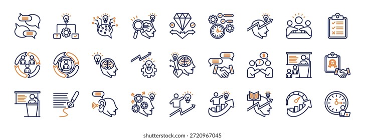 Conjunto de habilidades profesionales centrales colección en estilo duotono. conjunto de iconos consisten en comunicación, resolución de problemas, pensamiento crítico, pensamiento analítico, toma de decisiones, gestión del tiempo, icono de liderazgo