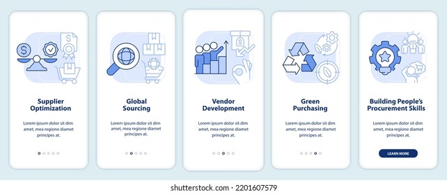 Core purchasing strategies light blue onboarding mobile app screen. Walkthrough 5 steps editable graphic instructions with linear concepts. UI, UX, GUI template. Myriad Pro-Bold, Regular fonts used