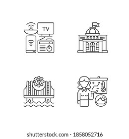 Core services linear icons set. Electronic devices. Political power. Construction. Weather forecasters. Customizable thin line contour symbols. Isolated vector outline illustrations. Editable stroke
