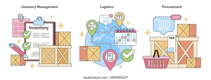 Core supply chain operations set. Detailed inventory checks, global logistics tracking, and streamlined procurement systems. Essential components for effective supply chain management.