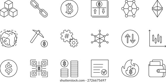Conjunto de iconos de tecnología central, criptografía y finanzas