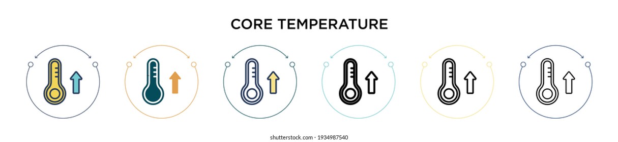 Core temperature icon in filled, thin line, outline and stroke style. Vector illustration of two colored and black core temperature vector icons designs can be used for mobile, ui, web