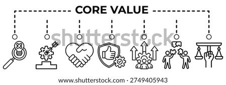 Core value banner web icon vector illustration for company principles concept with integrity, teamwork, trust, quality improvement and organizational culture icons