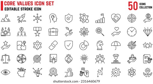 Core value editable stroke icon, Icon includes, Honesty, Stakeholders, Integrity, Target purpose, Strategy. Core values line icons., core values network. Business Vector thin line icon
