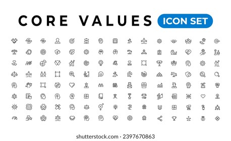 Core value icon banner collection. Containing innovation, goals, responsibility, integrity, customers, commitment, quality, teamwork, reliability and inclusion. Vector solid collection of icons