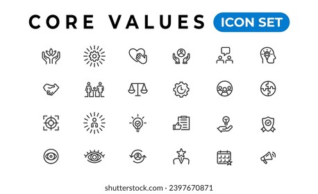 Core value icon banner collection. Containing innovation, goals, responsibility, integrity, customers, commitment, quality, teamwork, reliability and inclusion. Vector solid collection of icons