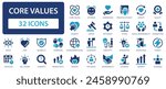 Core value icon collection. Passion, innovative, accountability, diversity, exceptional, goal etc. Solid icons set.