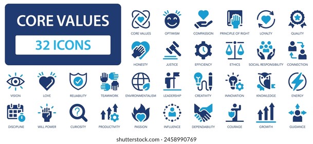 Core value icon collection. Passion, innovative, accountability, diversity, exceptional, goal etc. Solid icons set.