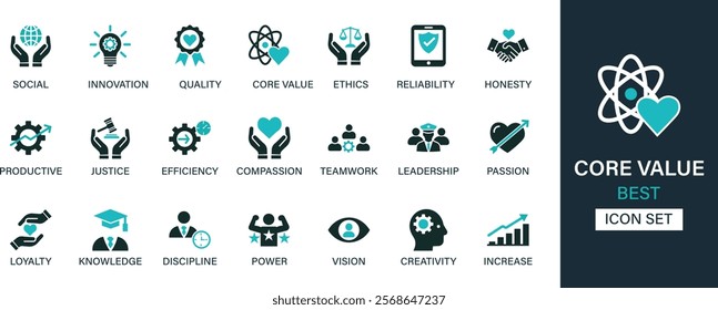 Core Value icon set collection. Social, innovation, quality, core value, ethics, reliability, honesty, productive, justice, efficiency and best solid icon set.