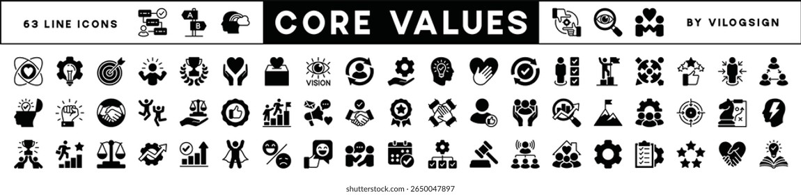 Core value icon set. Contains innovation, goals, target, responsibility, quality, teamwork, performance, commitment, integrity, passion, trust, mission success, client, idea. Vector illustration