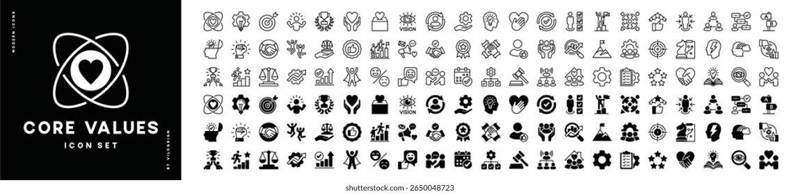 Core value icon set. Contains innovation, goals, target, responsibility, integrity, quality, teamwork, performance, commitment, passion, trust, mission success, client, idea. Vector illustration
