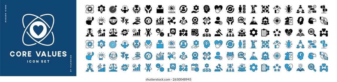 Core value icon set. Contains innovation, goals, integrity, target, responsibility, quality, teamwork, performance, commitment, passion, trust, mission success, client, idea. Vector illustration