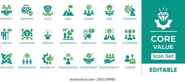 Core Value Icon Set. Features editable icons for core values, business ethics, company culture, integrity, innovation, and more. Perfect for businesses, organizations, and leadership development.