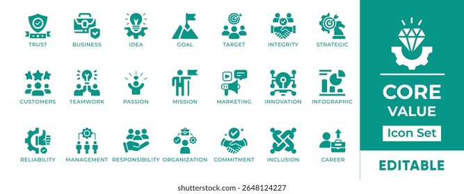 Core Value Icon Set. Features icons of trust, integrity, respect, responsibility, teamwork, and vision. Perfect for company profiles, branding, and presentations.