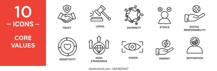 core value icon set. trust, diversity, ethics, vision, motivation, icons. outlined icon collection. Vector illustration.