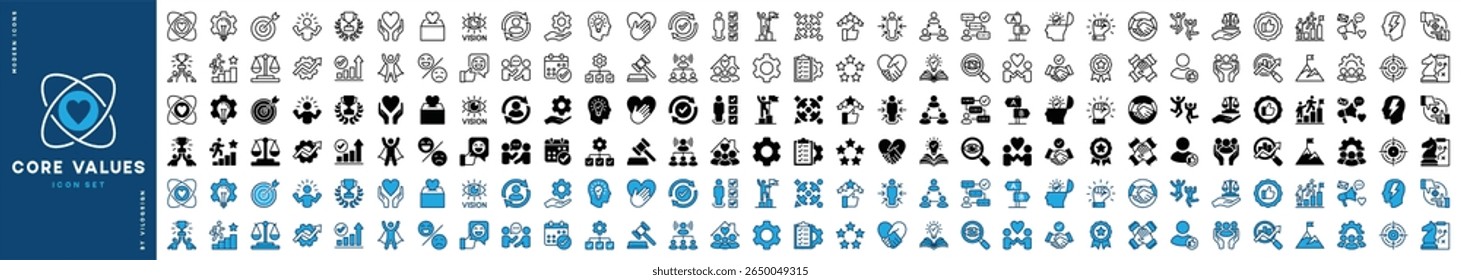 Core value icon vector set. Contains innovation, goal, target, responsibility, quality, teamwork, performance, commitment, integrity, passion, trust, mission success, client, idea. Illustration EPS 10