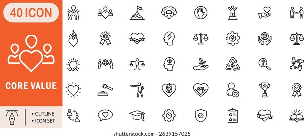 Core Value Icons Outline Icon Set for Corporate Culture, Teamwork Integrity, Leadership Ethics and Business Design
