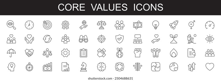 Core value icons set of web icons in line style. Core values icons for web and mobile app. Performance, innovation, goals, integrity, customer, commitment, quality, teamwork. Vector illustration