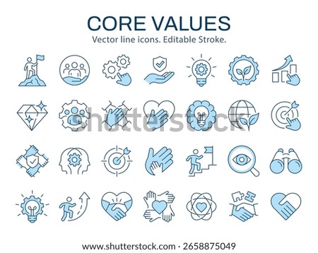 Core value icons such as trust, handshake, company, mission and more. Illustration isolated on white. Editable stroke.