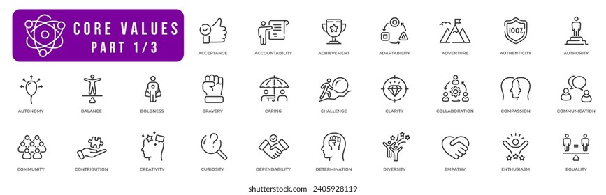 Core value line icon collection vol 1. Achievement, Authority, Bravery, Challenge, Clarity, Collaboration, Creativity, Diversity, Equality, reliability etc.