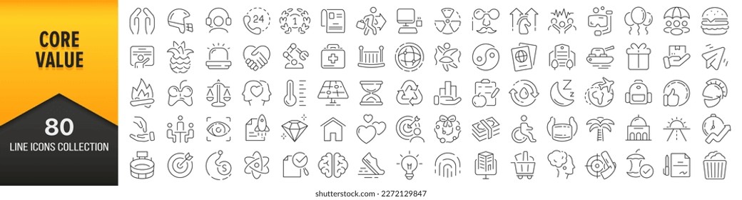 Colección de iconos de la línea de valor principal. Un gran icono de interfaz de usuario en un diseño plano. Paquete de iconos de contorno delgado. Ilustración del vector EPS10