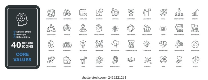 Iconos de línea delgada mínimos de valor básico. Responsabilidad, integridad, pasión, innovación relacionadas. Ilustración vectorial.