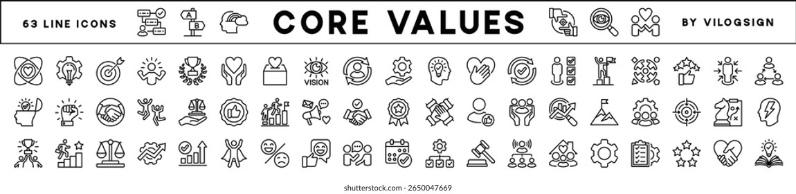 Core value outline icon set. Contains innovation, goal, target, responsibility, quality, teamwork, performance, commitment, integrity, passion, trust, mission success, client, idea vector illustration