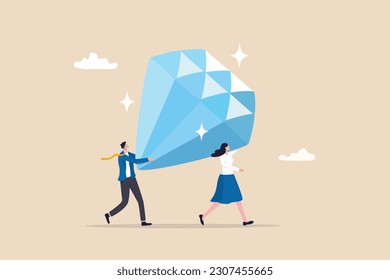 Core value or value proposition, CLV customer lifetime value or company valuation, profit or corporate worth concept, business people employees help carry big valuable diamond.