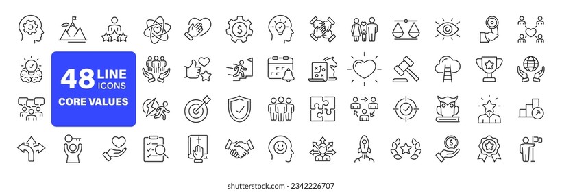 Core value set of web icons in line style. Core values icons for web and mobile app. Performance, innovation, goals, integrity, customer, commitment, quality, teamwork. Vector illustration